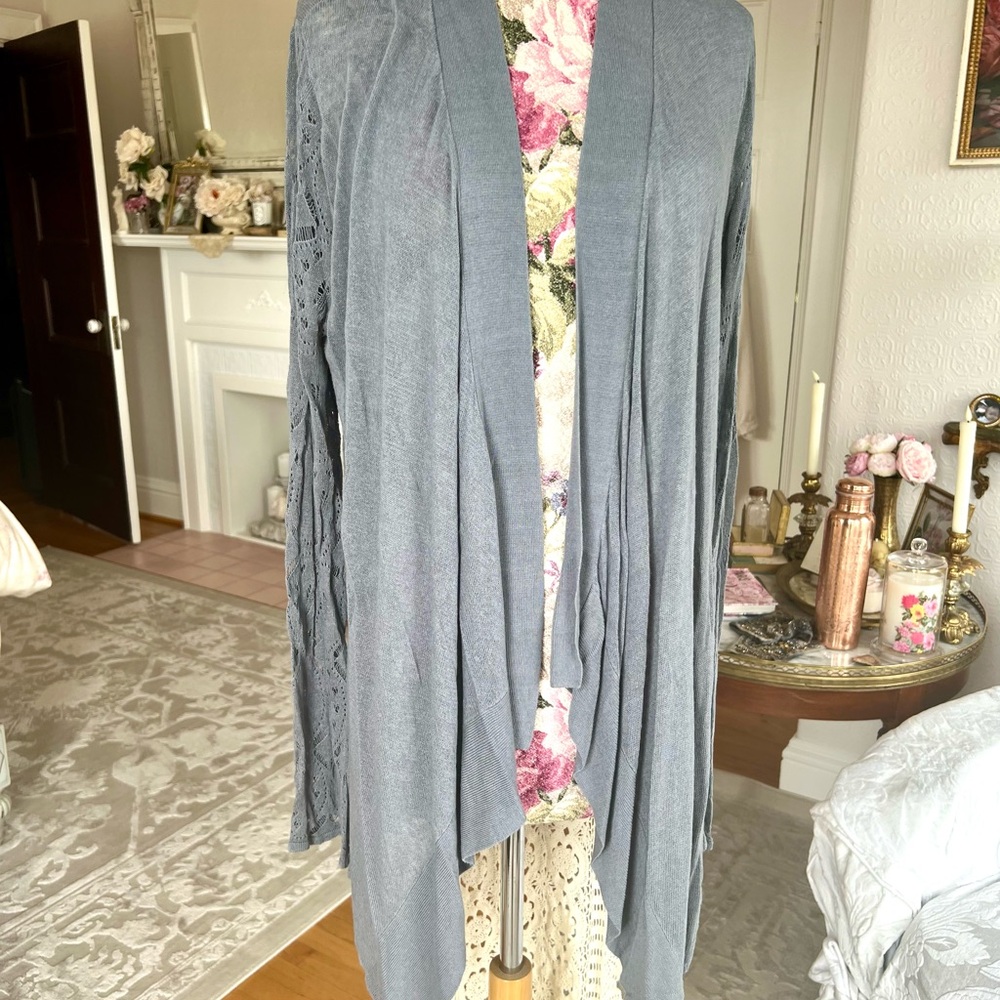 Autumn Cashmere Blue Gray Open-Front Sweater Lace pattern L